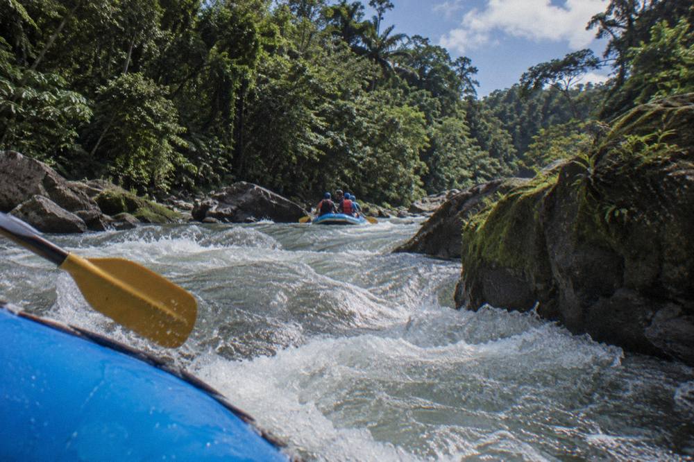 A raft cresting a standing wave in a rocky rapid surrounded by rainforest