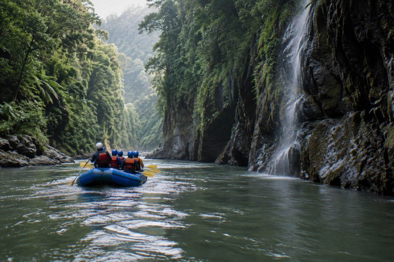 A raft cutting through a narrow jungle gorge with steep green canyon walls above the water
