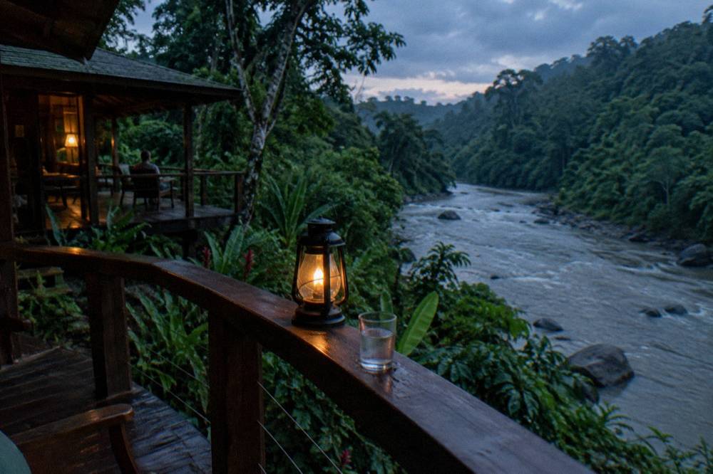 A wooden riverside lodge balcony overlooking a rainforest river at dusk