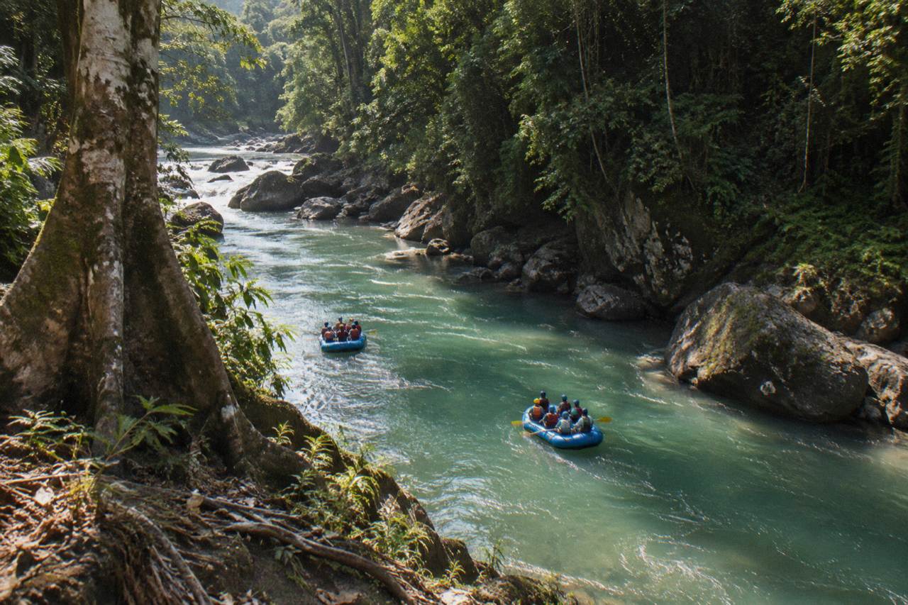 Rafts floating through a green jungle canyon on a tropical river