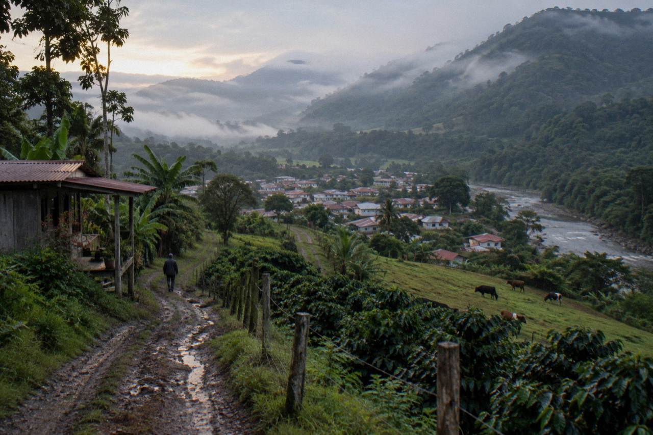 Green mountain valley with a small town and pastures under morning mist