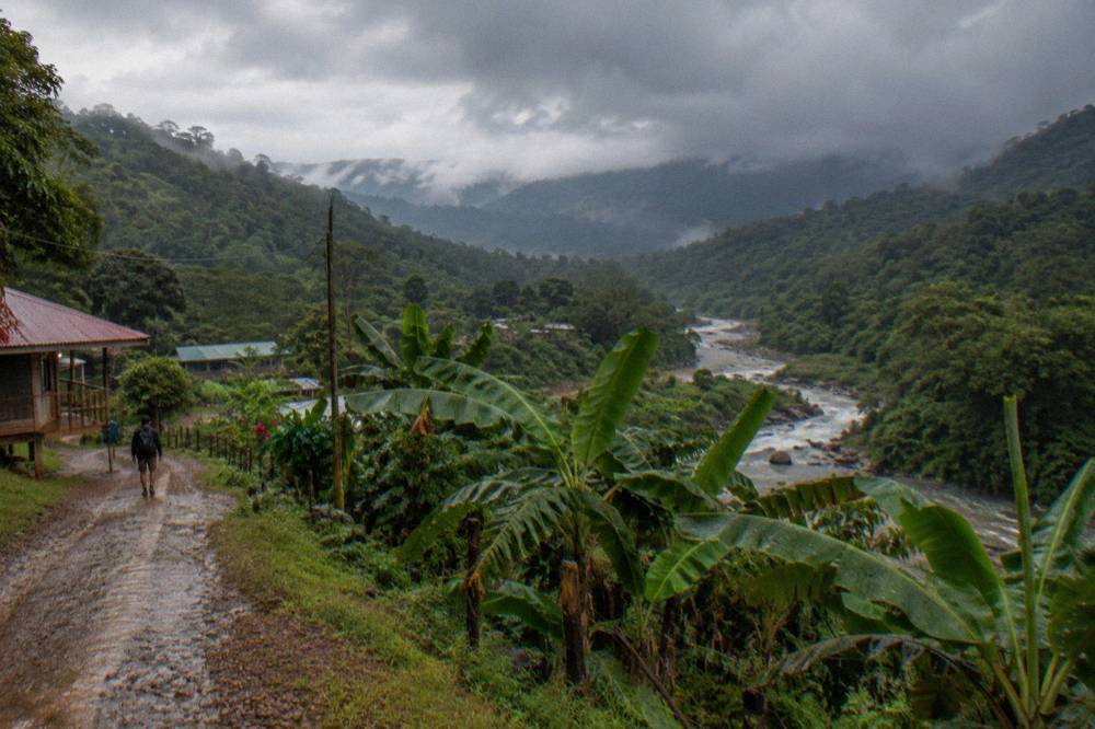 Rain clouds hanging over a rainforest river valley in the late afternoon