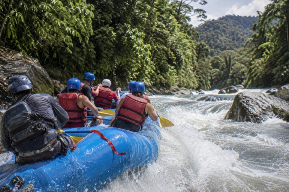 Paddlers in helmets and life vests on a raft mid rapid in dense green rainforest