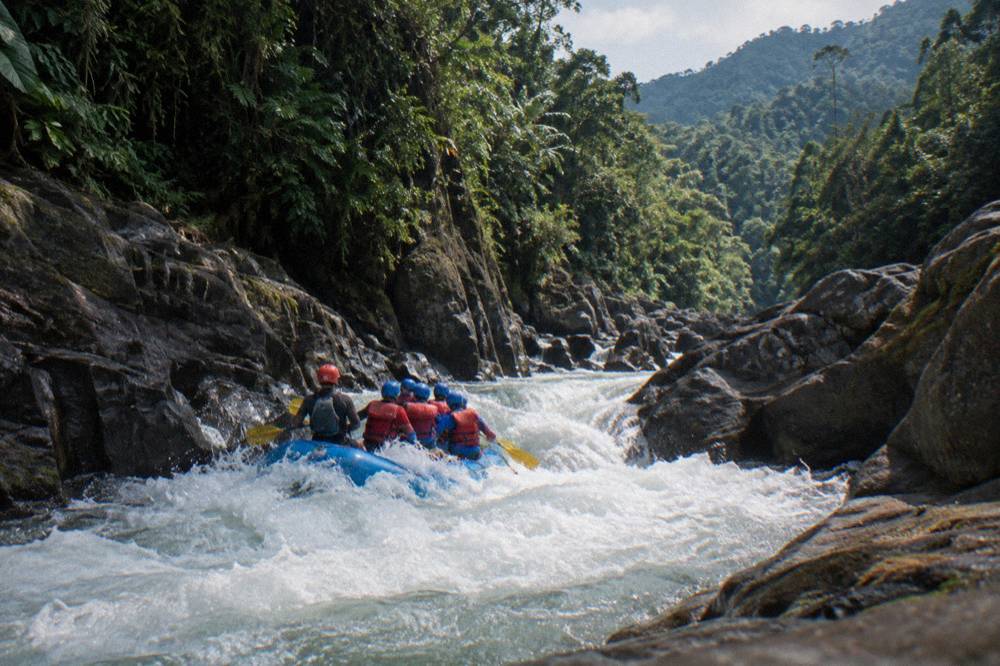 A raft with paddlers moving through a narrow rainforest canyon rapid