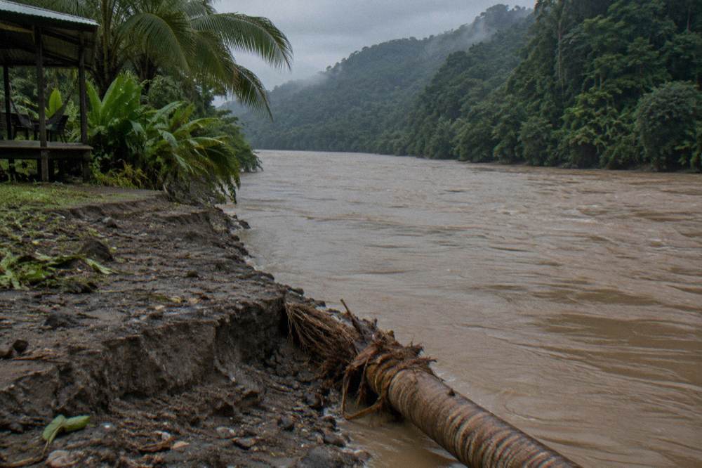 A wide river running high against muddy banks beneath dense rainforest