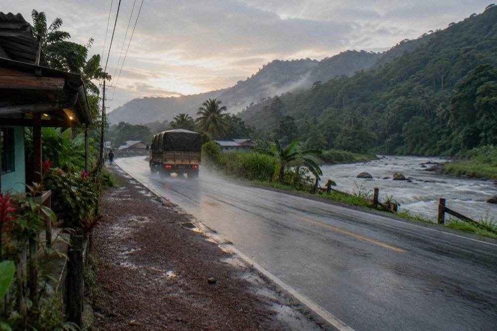 A wet two lane road winding through green hills in early morning light