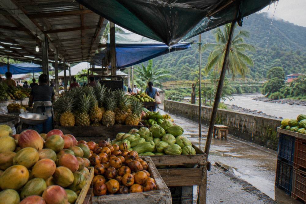 Colorful market stalls selling fruit and vegetables under awnings