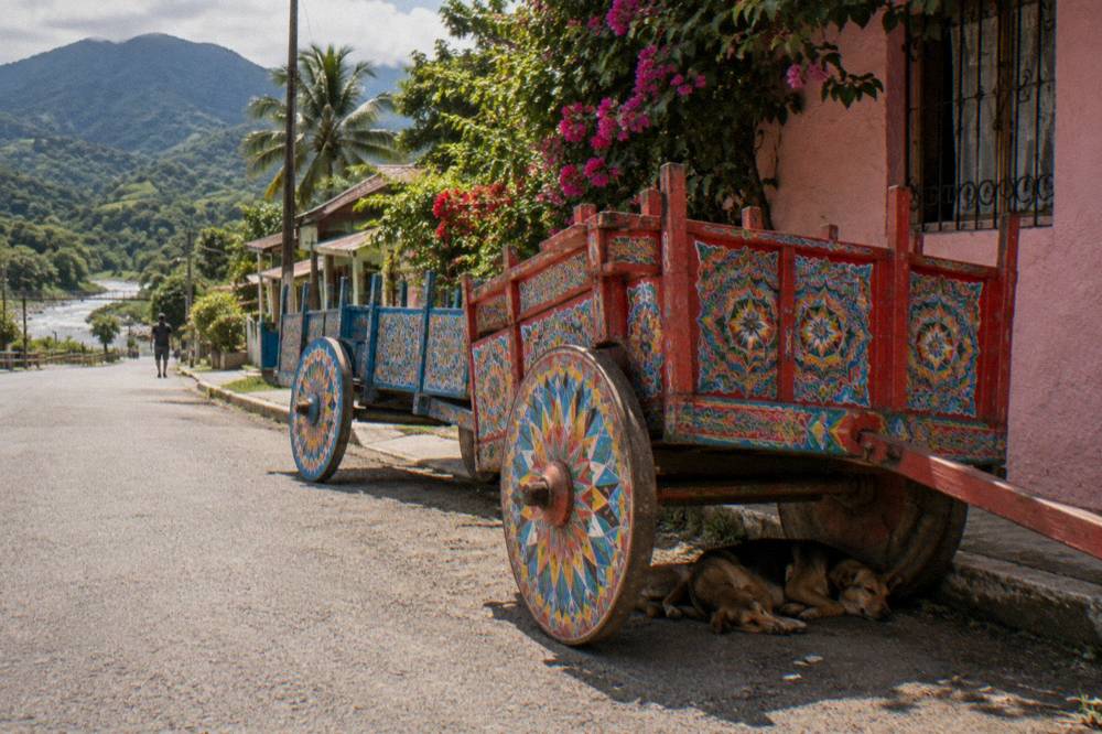 Oxcarts decorated with colorful painted wheels lined up for a festival
