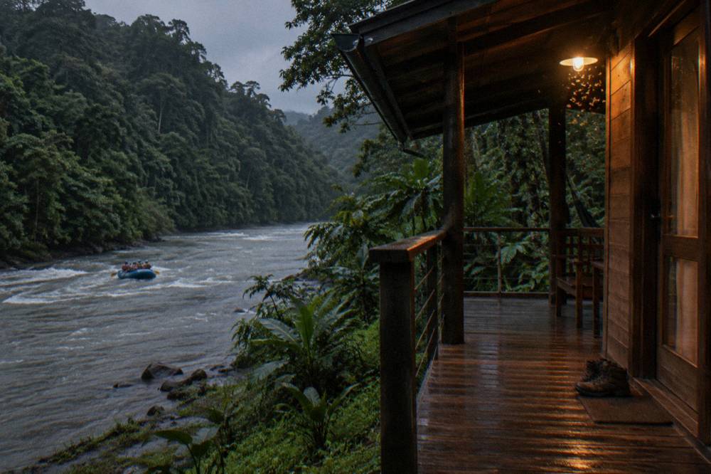 Wooden riverside ecolodge cabin overlooking the Pacuare River at dusk