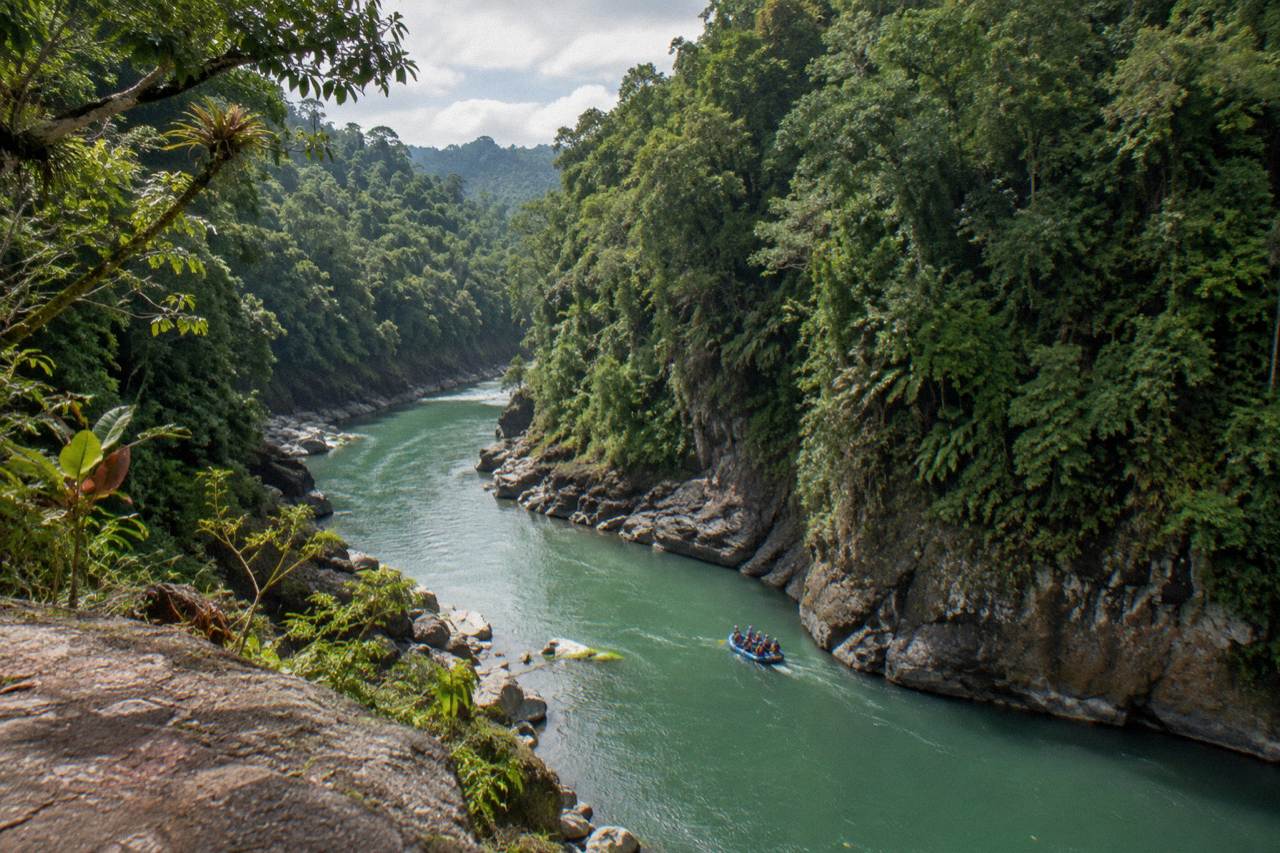 Raft cutting through a green jungle gorge on the Pacuare River