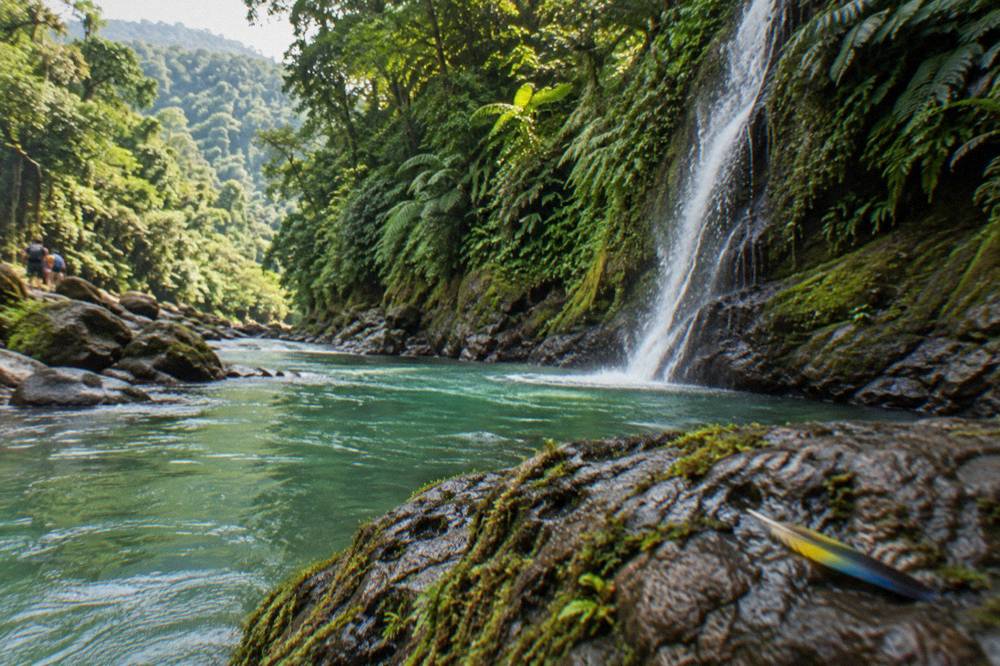 A narrow jungle canyon with a waterfall spilling down a mossy rock face toward the river