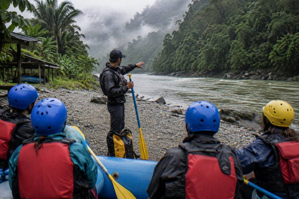Guide giving a paddle briefing to a raft crew before launch on a jungle river