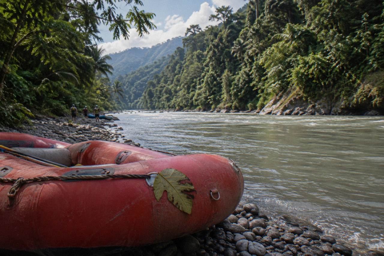 A raft resting on a jungle riverbank with dense green rainforest rising on both sides