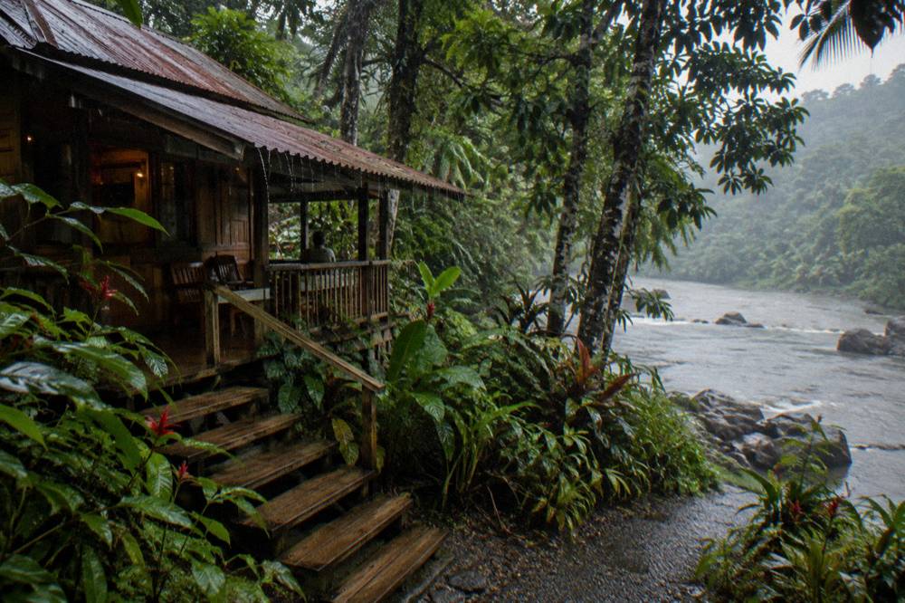 A riverside wooden lodge cabin with a metal roof surrounded by dense jungle foliage.