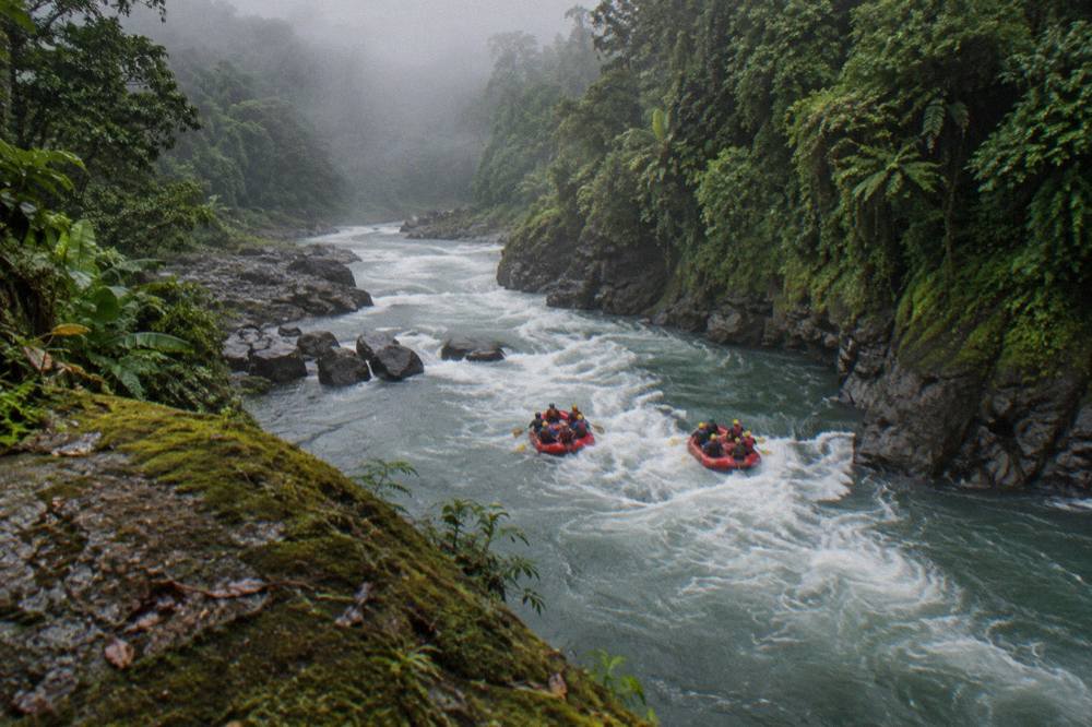 Two rafts mid-rapid in a deep green canyon with mist over the water