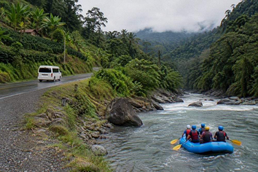 A passenger van on a winding road through green hills in early morning light