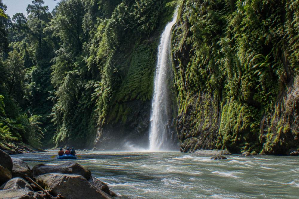 A tall thin waterfall pouring from a sheer green canyon wall into a river below