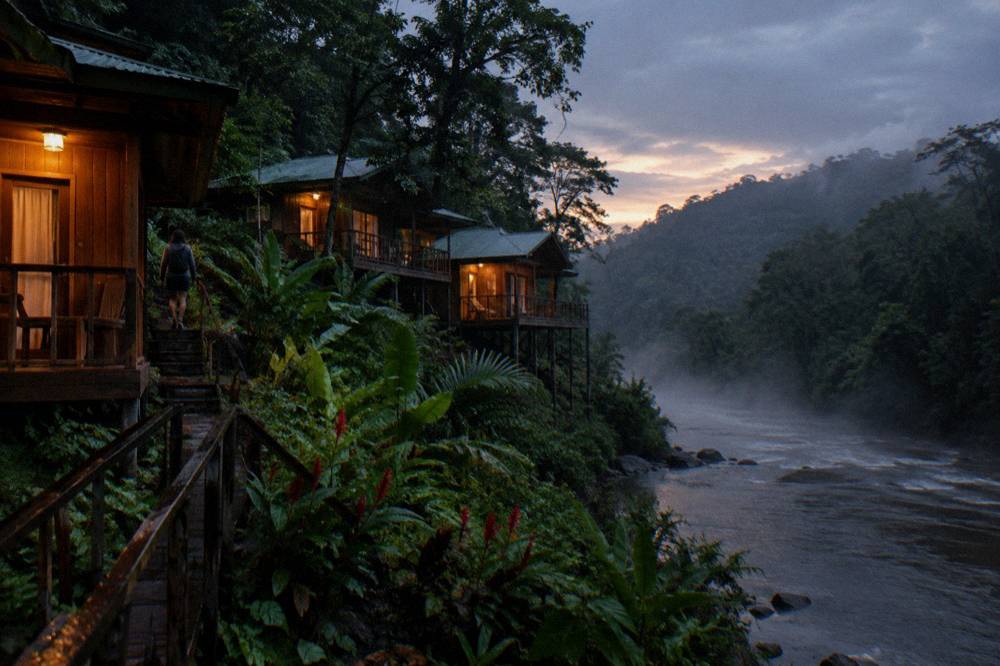 Wooden cabin bungalows on a forested slope above a tropical river at dusk