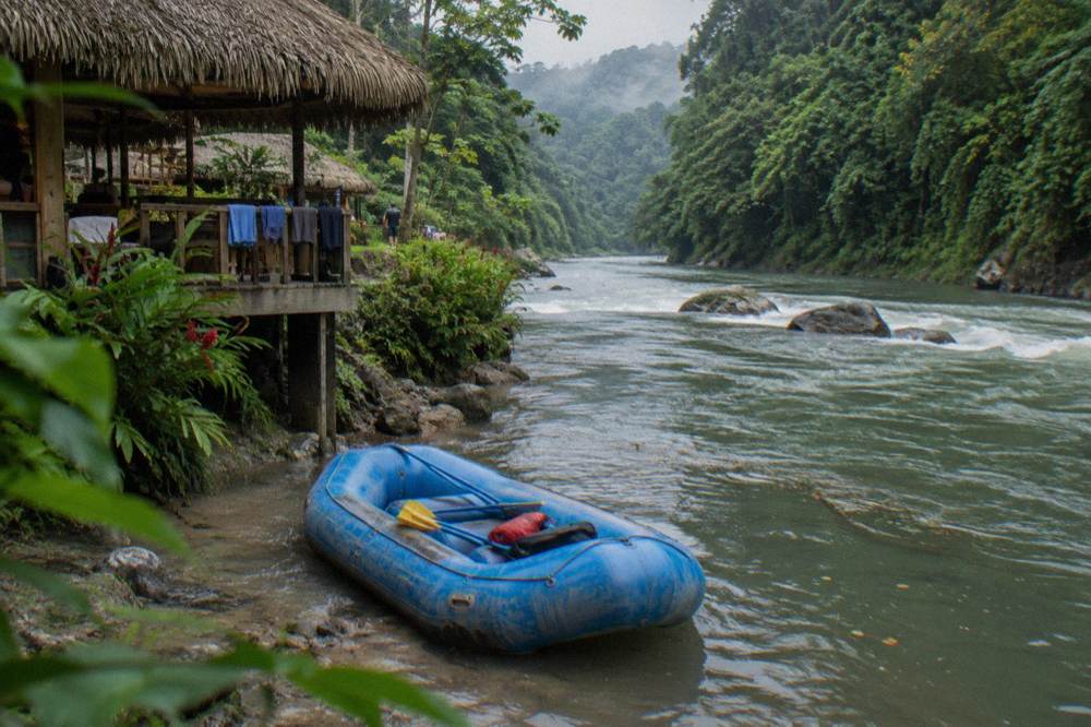 An empty raft drifting on calm green water between rainforest walls in morning light