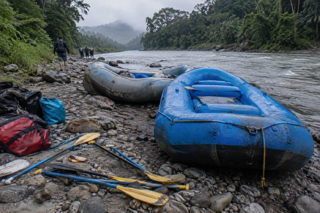 Rafts and paddles lined up on a gravel bar beside a jungle river at morning