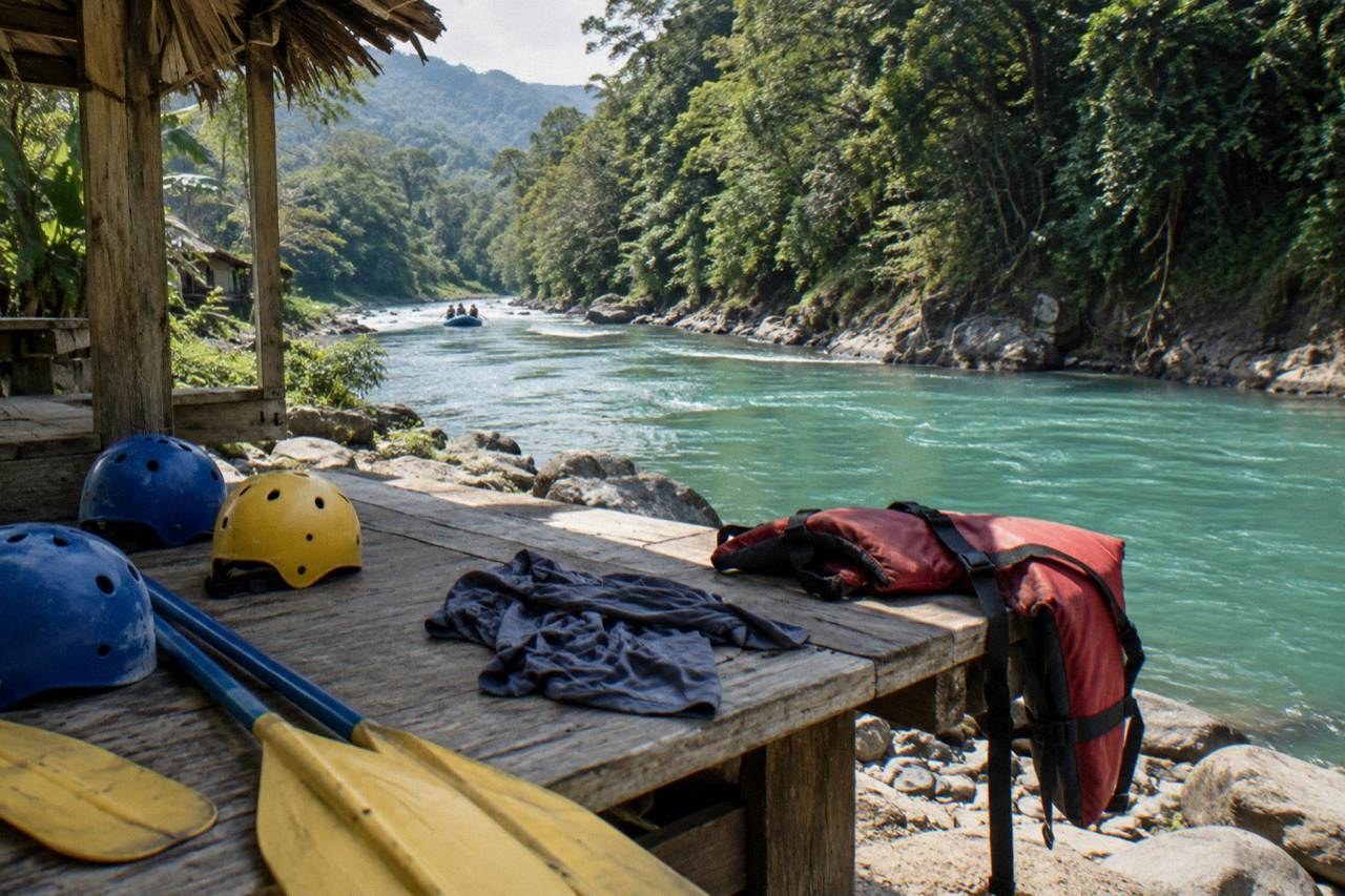 Rafting gear laid out on a wooden bench beside a jungle river