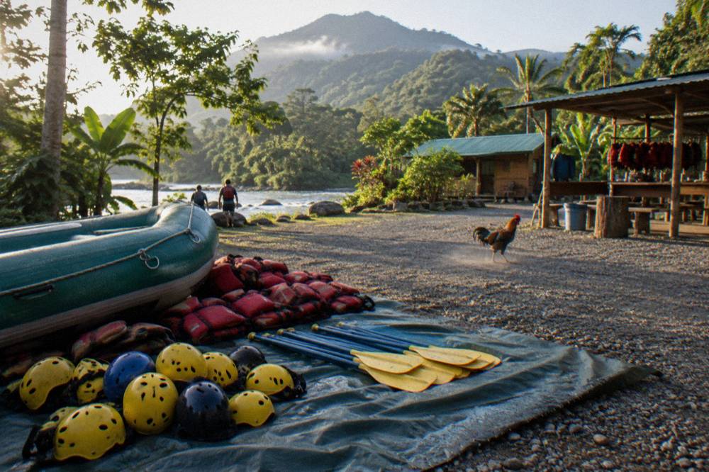 A pile of helmets, paddles and life jackets laid out on a riverbank before a trip